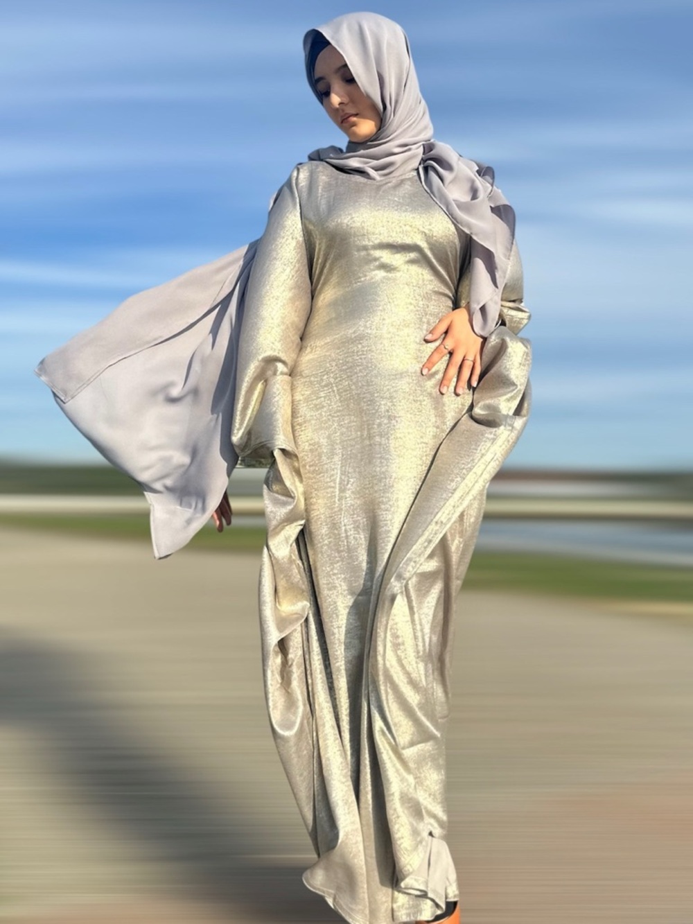 Modest Metallic Long Maxi Dress in Gold